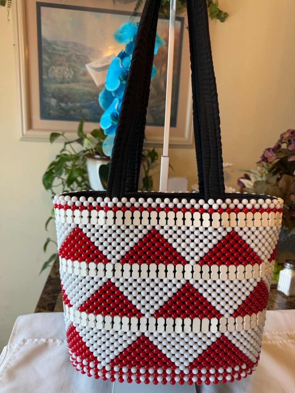 Handmade Beaded Tote Bag - Red and White